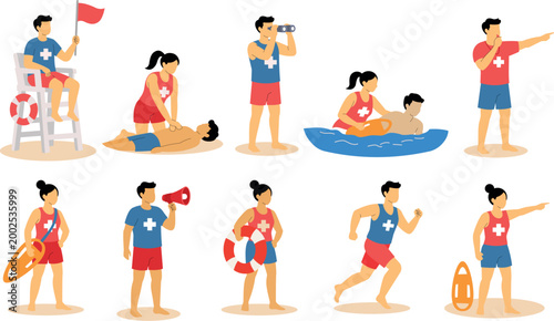Cartoon illustrations of lifeguards performing various rescue and surveillance duties at a beach or pool.