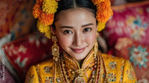 Young woman in traditional Mexican attire with floral hair accessories