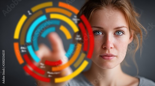 Young woman interacting with a futuristic digital interface