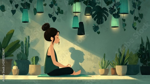 Young woman practicing yoga in a lush indoor plant setting
