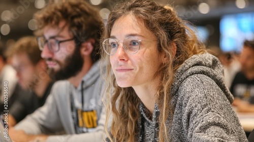 Young woman wearing glasses focused in a classroom setting