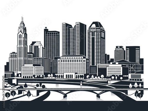 Foto Columbus Ohio City Skyline Illustration, Minimalist Black and White Vector of Ur