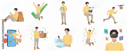 Flat Design Man Engaging in Various Online Shopping and Delivery Activities with Technology