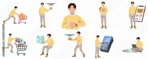 Modern Male Character Showing Various Online Shopping and Delivery Scenarios and Activities