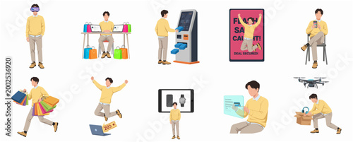 Dynamic Young Man Engaging in Various Modern Shopping and Technology Activities