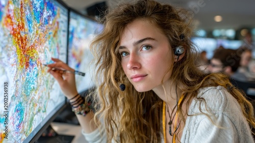Young woman working at a multi-screen computer workstation with a colorful map