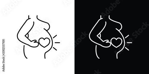 Modern Line Art Icon of a Pregnant Woman's Belly with Loving Heart Hands and Radiant Energy, Symbolizing Maternity, Love, and New Beginnings