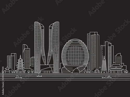 Bilde på lerret Hangzhou China Skyline Cityscape Line Art Illustration - Modern and Traditional