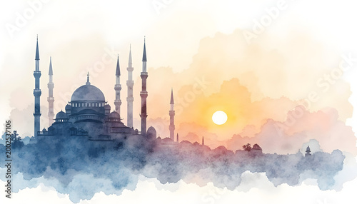 Sunset over Istanbul skyline featuring grand mosque domes and minarets in silhouette at waterfront.