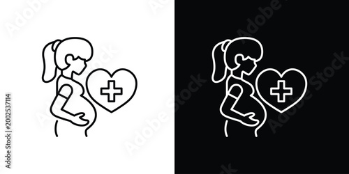 Icon Illustration of a pregnant woman holding her belly with a heart symbol and a cross inside, symbolizing pregnancy care and health
