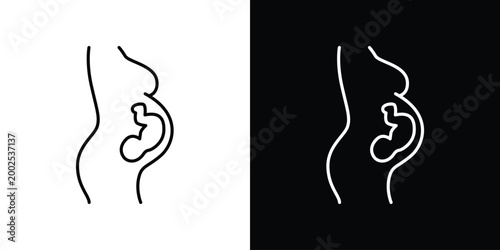 Single icon of elegant line art depiction of a pregnant woman showing the fetus in utero, representing human development, motherhood, and the journey of expectant parents. 