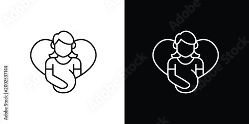 Minimalist line art icon representing a pregnant woman cradling her belly with a heart background, symbolizing maternity, prenatal care, love, and expectant motherhood in a simple, modern design