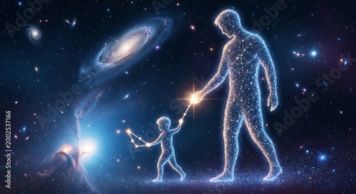 Abstract Human Figures Connecting with Light in Space Scene