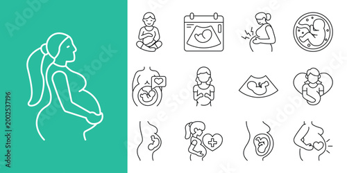 Elegant vector line art icons showcasing the journey of pregnancy, maternal health, baby development, and prenatal care for health and family designs