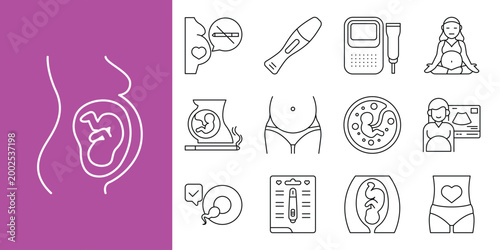 Collection of pregnancy and baby icons showing ultrasound, pregnancy test, and pregnant woman, illustration