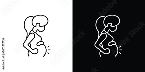 Minimalist Line Art Icon Depicting a Pregnant Woman Gently Touching Her Belly, Symbolizing Expectation, New Life, and Maternal Nurturing