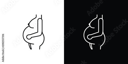 Simple Line Art Icon of a Pregnant Woman on White and Black Backgrounds
