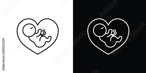 Minimalist line art icon illustration depicting a developing fetus nestled within a heart shape, symbolizing the miracle of new life, maternal love, and the protective journey of pregnancy