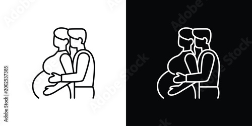 Simple outline icon graphic of an expectant couple embracing, illustrating the beautiful journey of pregnancy, family, and the anticipation of new life's arrival