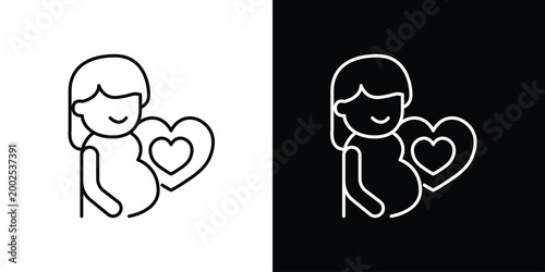 Minimalist Line Art Icon Illustrating a Joyful Pregnant Woman Tenderly Holding a Heart, Symbolizing Maternal Love, New Life, and Family Well-being