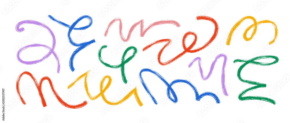 Obraz premium Colorful hand drawn organic lines collection. Thin brush stroke squiggle shape set. Crayon curly wave element bundle. Wiggly scribble pack for party poster. Vector charcoal chalk serpentine streamers