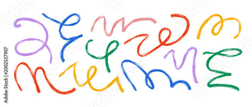 Colorful hand drawn organic lines collection. Thin brush stroke squiggle shape set. Crayon curly wave element bundle. Wiggly scribble pack for party poster. Vector charcoal chalk serpentine streamers