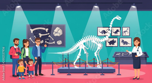 Family exploring a museum exhibit showcasing a dinosaur skeleton with educational displays and a tour guide