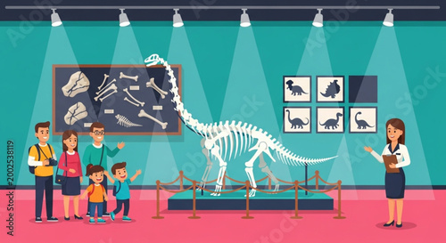 International Museum Day Family enjoys educational visit to a museum featuring dinosaur skeletons and informative displays, learning about prehistoric life