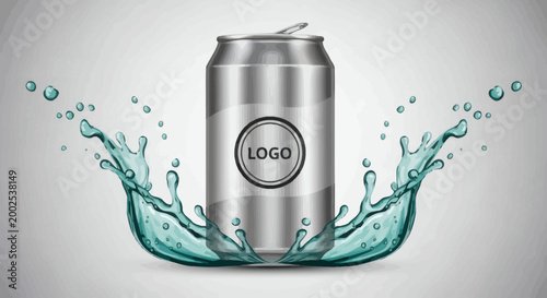 Dynamic splash of cool turquoise liquid bursting around a sleek, reflective aluminum beverage can, symbolizing freshness and refreshment for a generic product design