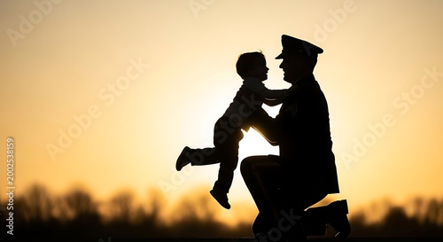 Silhouette Military Officer Holding Child During Sunset in Open Field