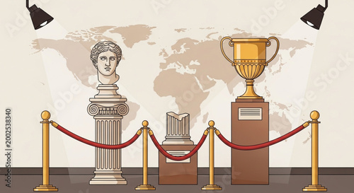 International Museum Day Illustrations of historical artifacts displayed in a museum exhibition with a world map in the background, showcasing cultural heritage and achievements