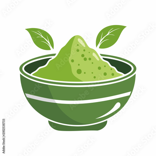 Green Matcha Powder in Bowl with Leaves