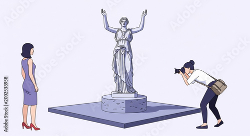A Photographer Captures the Graceful Figure of a Classical Statue, with a Woman Posing Nearby
