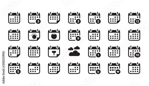 Versatile set of calendar icons with weather elements and numeric indicators for daily plans.