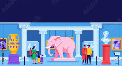 International Museum Day Family and Visitors Explore a Vibrant Art and History Museum, Admiring Diverse Exhibits including Ancient Artifacts, Busts, and a Prominent Pink Elephant Sculpture
