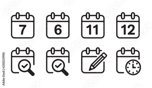 Calendar icons with numbers and symbols for date selection and event tracking.