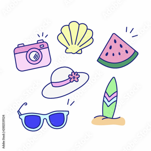 Cute Summer Doodle Icons Set – Camera, Seashell, Watermelon, Sunglasses, Beach Hat and Surfboard Illustration