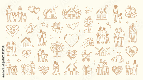 Schilderij op canvas A collection of line art icons representing family, love, and home, with diverse family structures and symbols of care and belonging