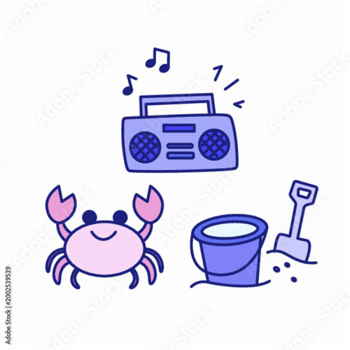 Cute Summer Beach Icons – Radio, Crab, Sand Bucket and Shovel Cartoon Illustration Set