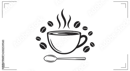 Steaming Coffee Cup with Coffee Beans and Spoon Hand Drawn Illustration.