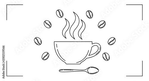 Steaming coffee cup surrounded by coffee beans and a spoon.