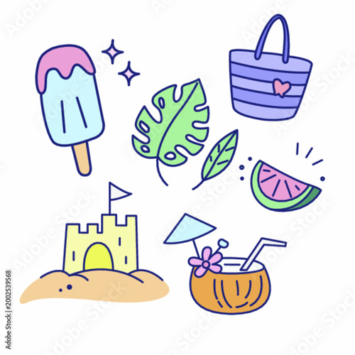 Cute Summer Beach Doodle Icons – Ice Cream, Tropical Leaves, Watermelon, Tote Bag, Sandcastle and Coconut Drink