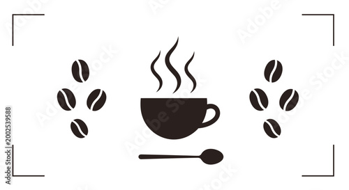 Steaming Hot Coffee Cup with Coffee Beans and Spoon.