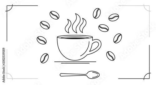Steaming Coffee Cup with Scattered Beans and Spoon Line Art.