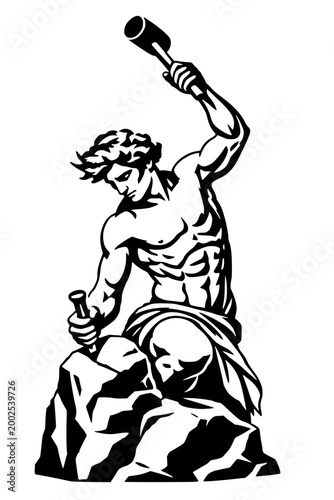 Konstfotografi Muscular Greek god Hephaestus blacksmith forging metal on anvil rock with hammer
