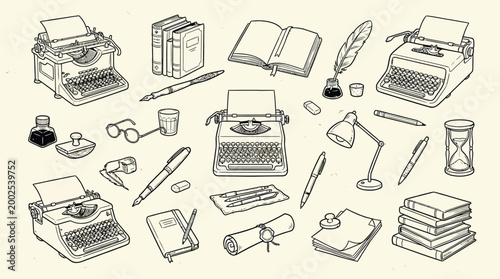 Foto A collection of vintage writing tools and office supplies, including typewriters, pens, inkwells, books, and a desk lamp, all rendered in a detailed line art style