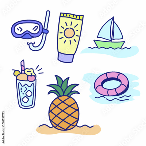 Summer Beach Icon Set – Snorkeling Gear, Sunscreen, Pineapple, Lifebuoy, Sailboat and Tropical Drink Illustration