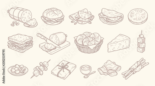 Εκτύπωση καμβά A charming hand-drawn illustration showcasing a delightful assortment of deli meats, cheeses, sandwiches, and appetizers, perfect for a culinary theme
