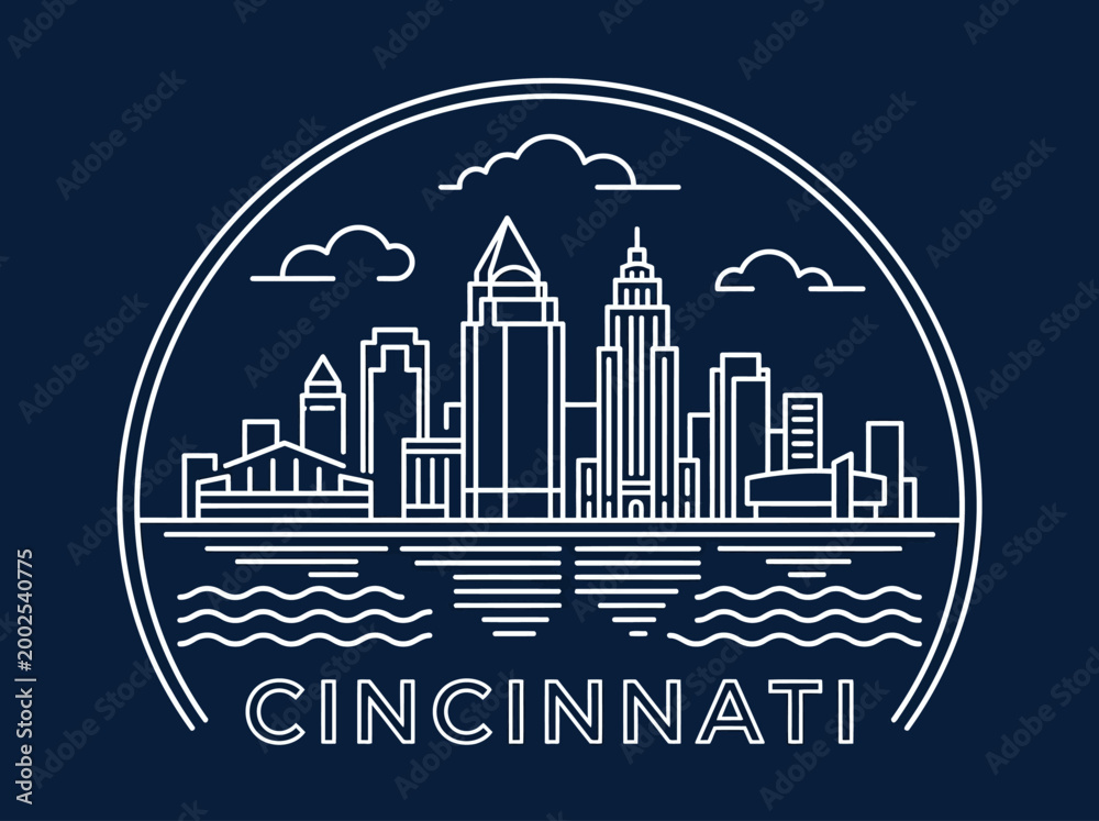 Fototapeta premium Cincinnati Ohio City Skyline Minimalist Line Art Illustration on Dark Blue Background