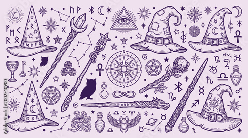 Tableau sur toile A whimsical collection of magical and mystical symbols, including wizard hats, staffs, owls, constellations, and alchemical elements, rendered in a purple, hand-drawn style